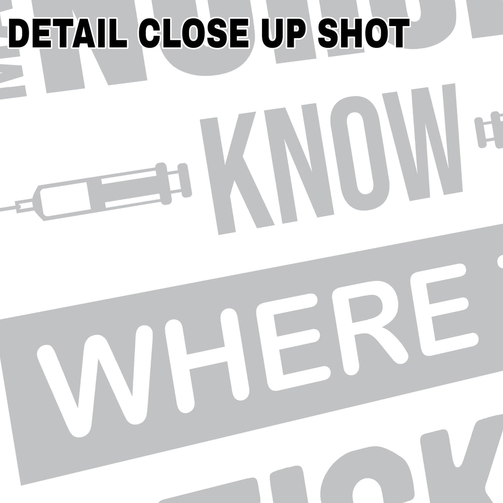 Male nurse DTF transfer design with bold text saying 'Male Nurses Know Where To Stick It' featuring medical syringe graphics on transparent background