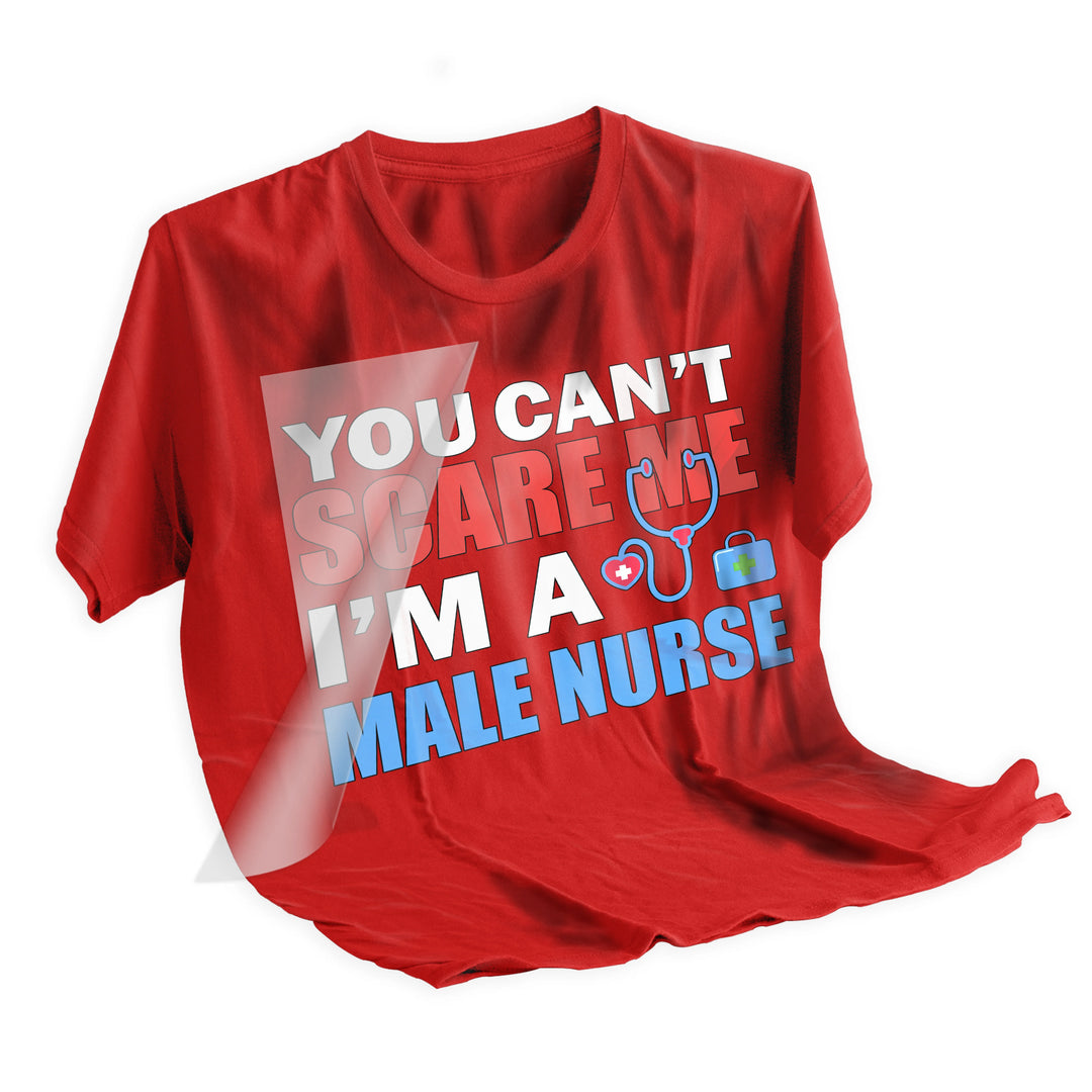 Male nurse DTF transfer applied to dark colored t-shirt showing professional healthcare pride message with medical stethoscope accents