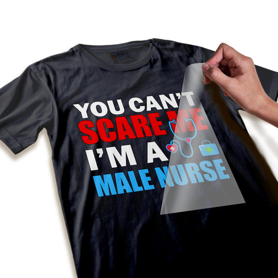 Close-up detail of male nurse DTF transfer showing textured dimensional lettering quality and vibrant red and blue medical themed colors