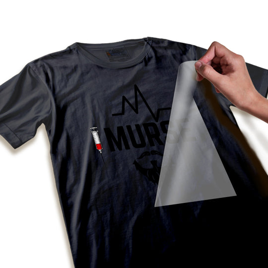 Close-up detail view of Murse DTF transfer showing crisp typography quality and medical symbol clarity