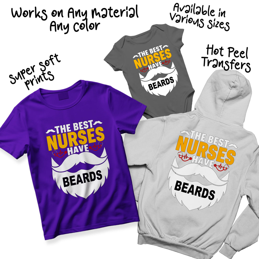 Male nurse DTF transfer design variations showing different color options for the Best Nurses Have Beards healthcare themed print