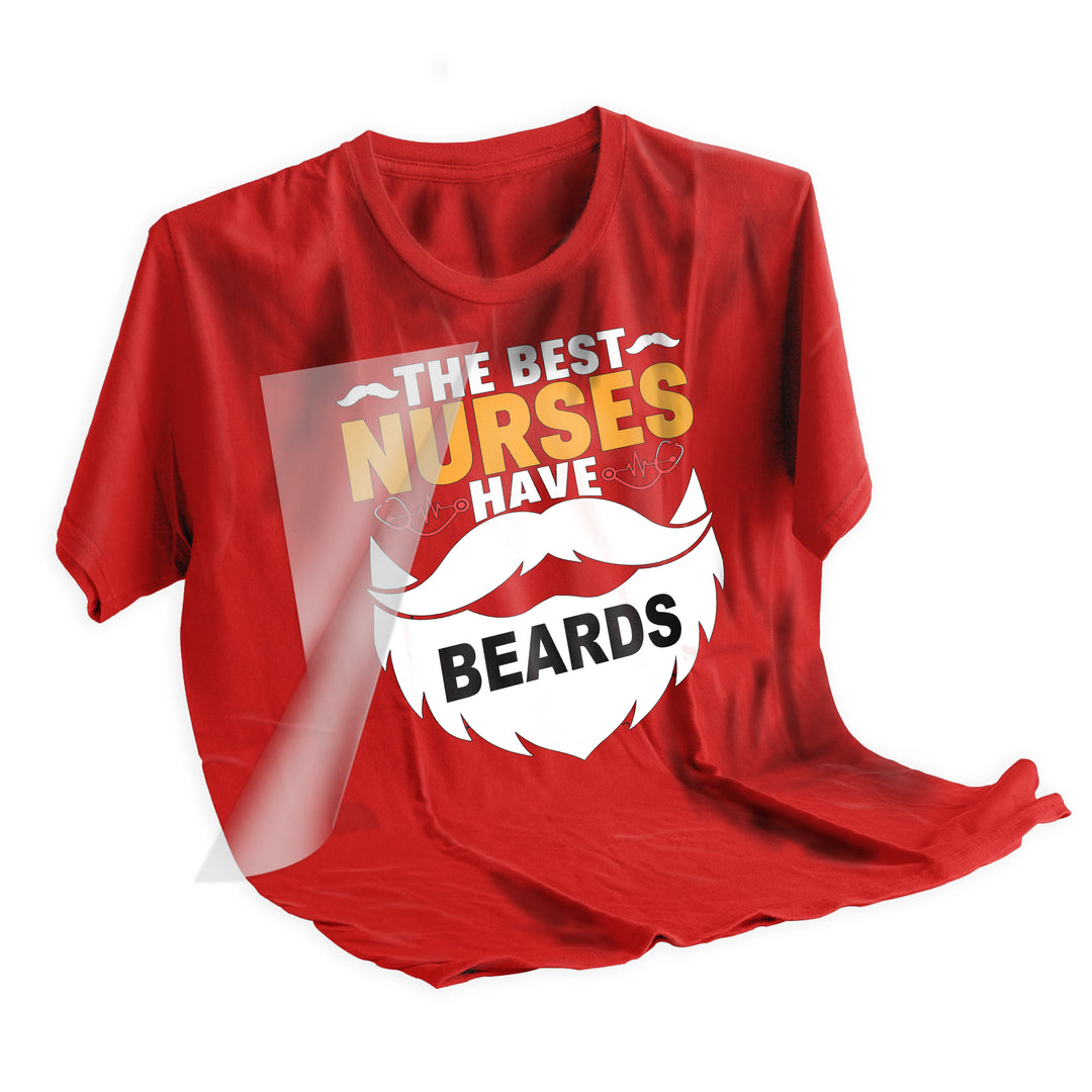 Best Nurses Have Beards DTF transfer applied to dark t-shirt showing vibrant orange text and white beard design for male healthcare workers