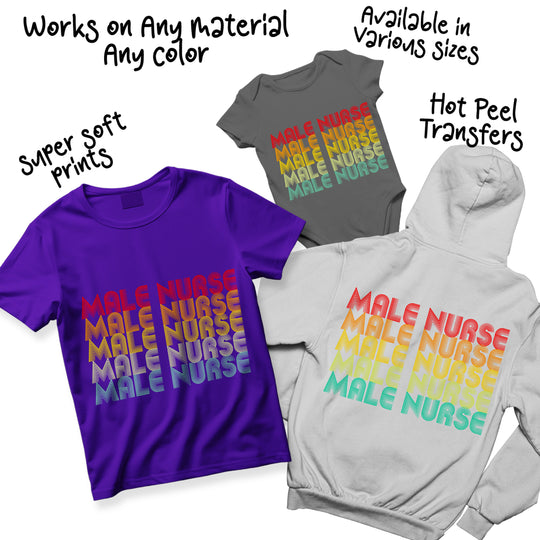 Male Nurse DTF transfer color variations showing different rainbow gradient options and text styling effects