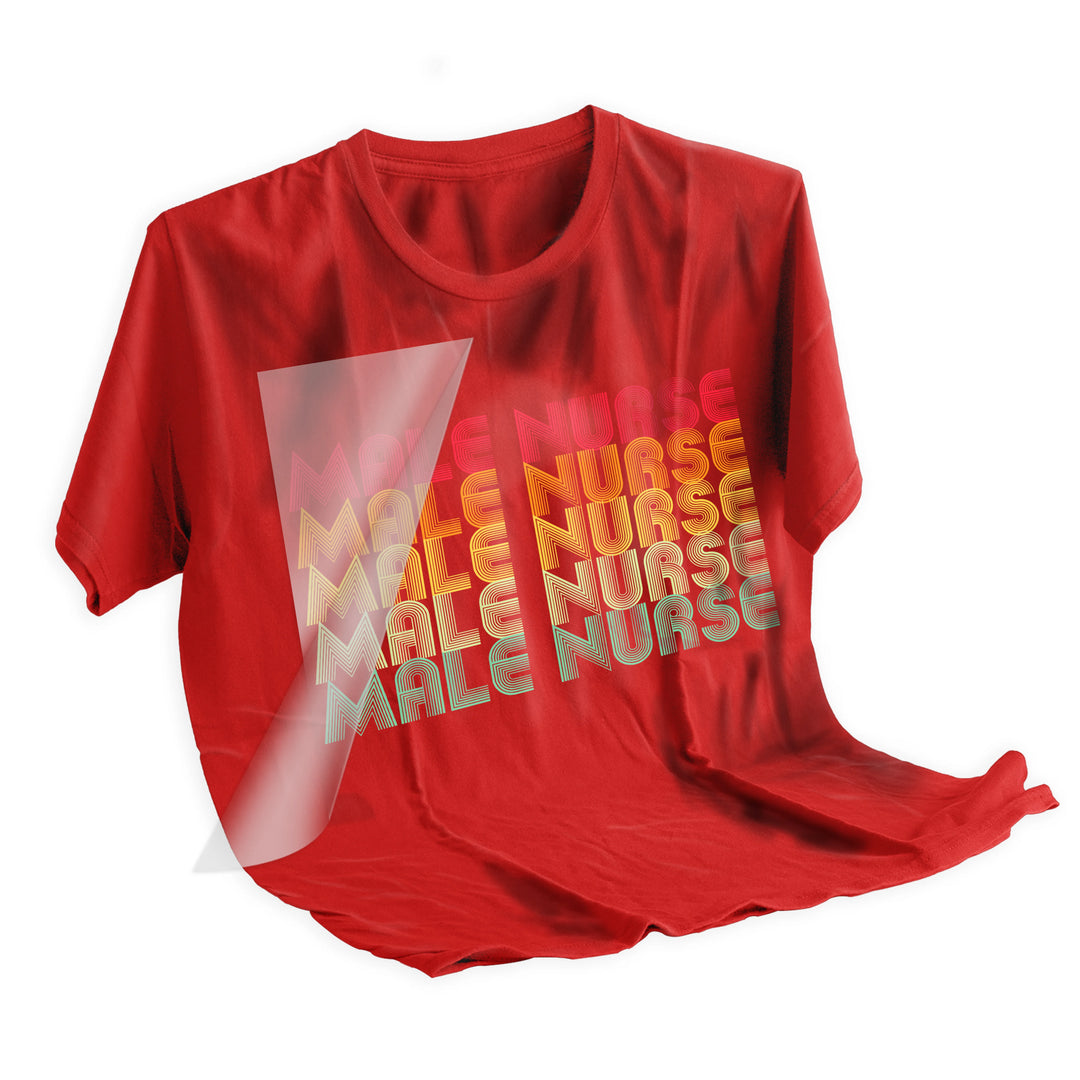 Male Nurse rainbow DTF transfer applied to black t-shirt showing vibrant colors and professional healthcare design