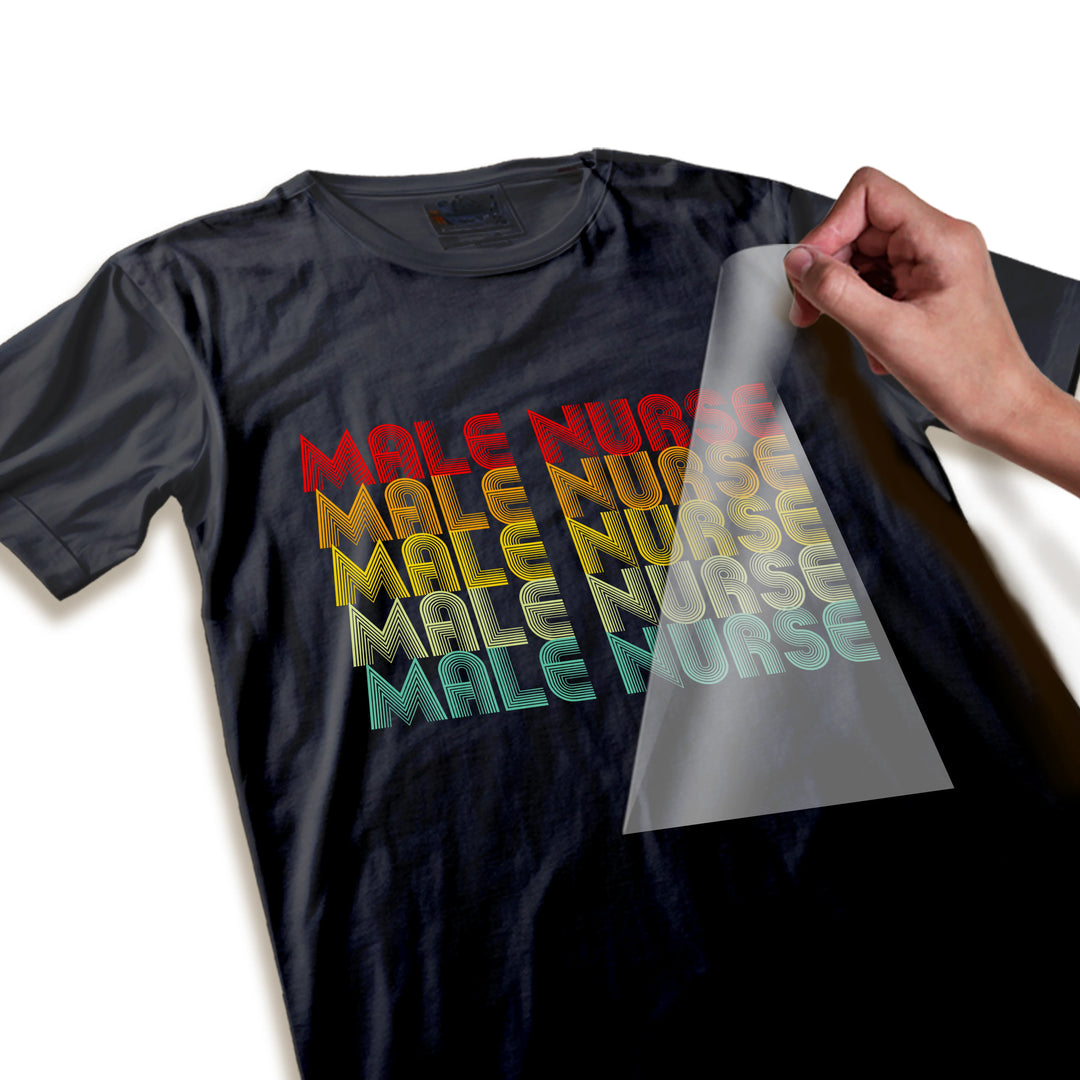 Close-up detail of Male Nurse DTF transfer showing rainbow gradient texture and retro-style dimensional lettering quality