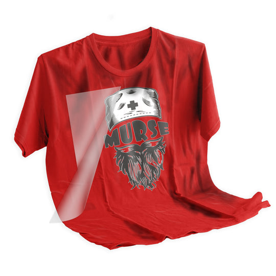 Applied murse DTF transfer on t-shirt showing final result of bearded male nurse design after heat press application