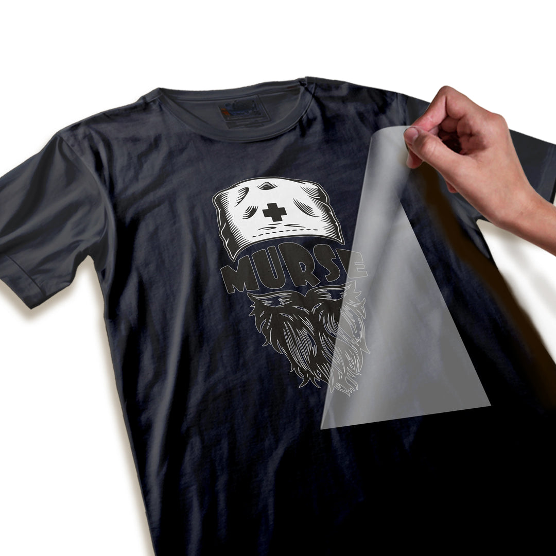 Close-up detail of murse DTF transfer showing high-quality print resolution and vintage sketch-style illustration of bearded nurse