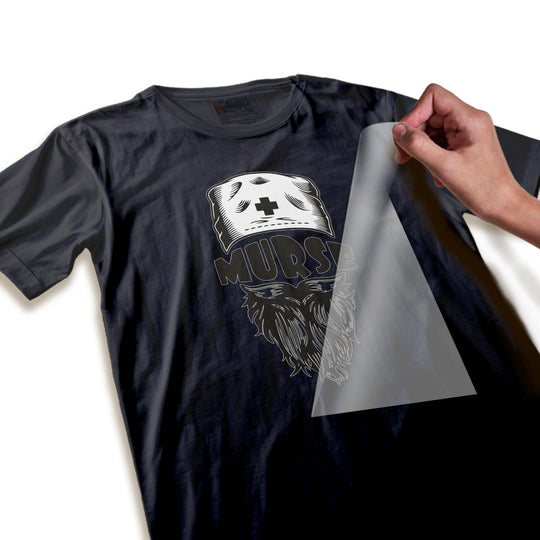 Close-up detail of murse DTF transfer showing high-quality print resolution and vintage sketch-style illustration of bearded nurse