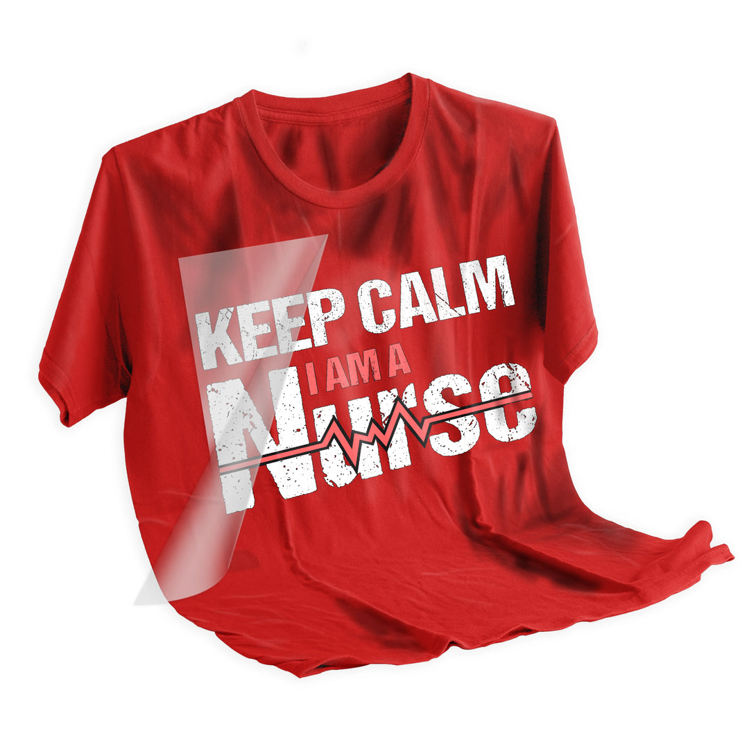Keep Calm I Am A Nurse DTF transfer applied to fabric showing final pressed result with dimensional textured appearance