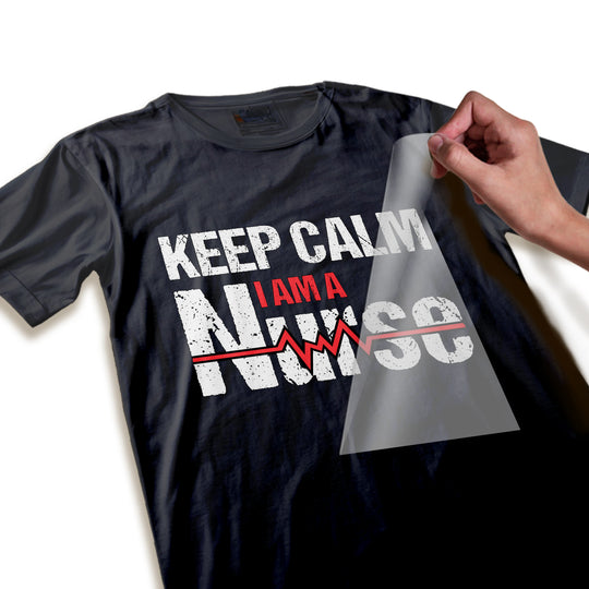 Close-up detail of Keep Calm I Am A Nurse DTF transfer showing knitted texture quality and red lightning bolt accent