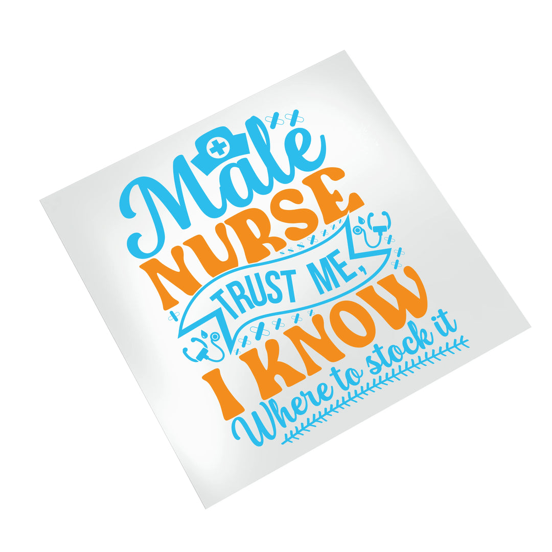 Male nurse DTF transfer on white background showing colorful medical-themed design with stethoscope and syringe decorative elements