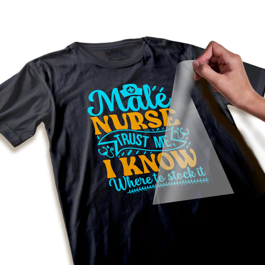 Close-up detail of male nurse DTF transfer showing textured lettering quality and medical icon embellishments