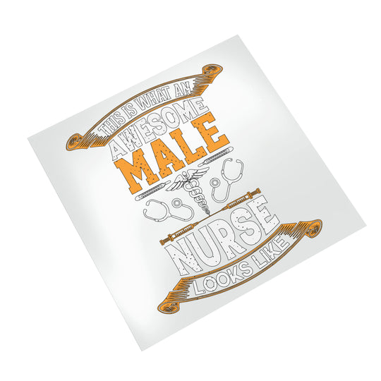 Awesome male nurse DTF transfer on white background showing ribbon banner text design with stethoscope and caduceus medical symbols