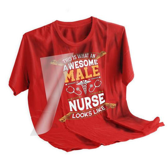 Applied male nurse DTF transfer on dark shirt showing awesome male nurse ribbon banner design with medical symbols heat pressed