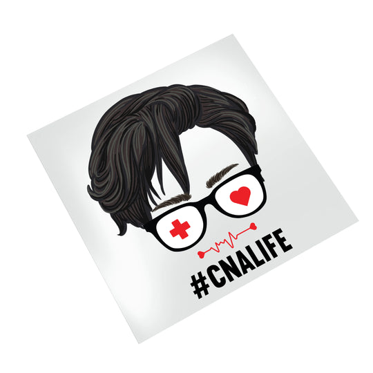 Male nurse CNA Life DTF transfer design displayed on white background showing hashtag CNALife text and medical themed graphics