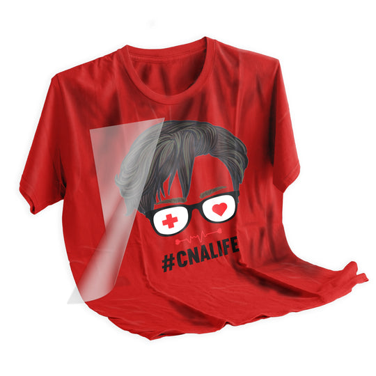 CNA Life DTF transfer applied to dark colored t-shirt showing vibrant male nurse appreciation design