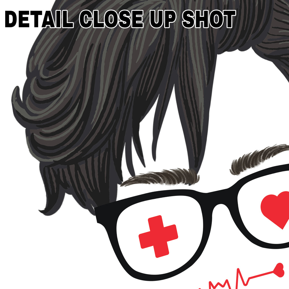 CNA Life DTF transfer design featuring male silhouette with glasses, medical cross and heart symbols on transparent background