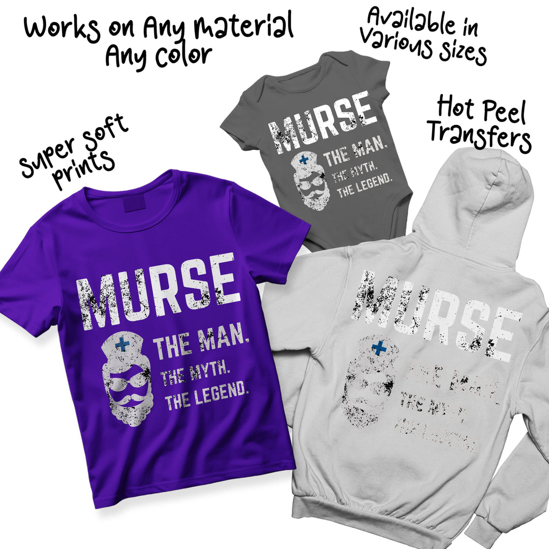 Healthcare professional DTF transfer showing murse design in multiple color variations with weathered text effects and medical skull imagery