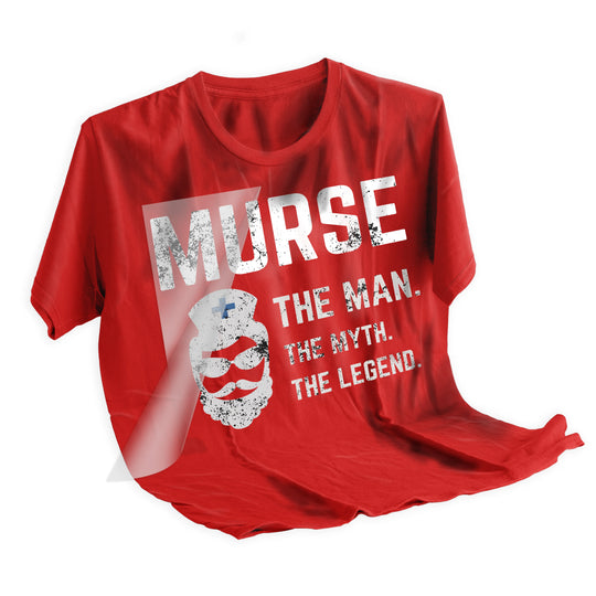 Applied murse DTF transfer on dark shirt showing man myth legend text and medical cross skull design after heat press application