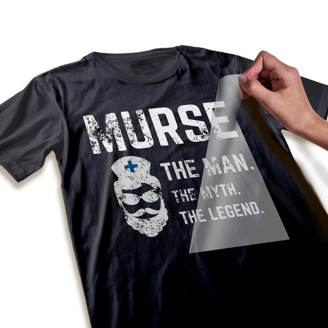 Close-up detail of murse DTF transfer showing high-quality print resolution of distressed text and medical skull cross graphic