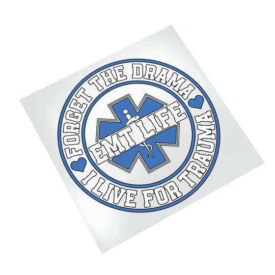 EMT DTF transfer on white background displaying complete badge design with medical star symbol and motivational EMT text in blue and white colors