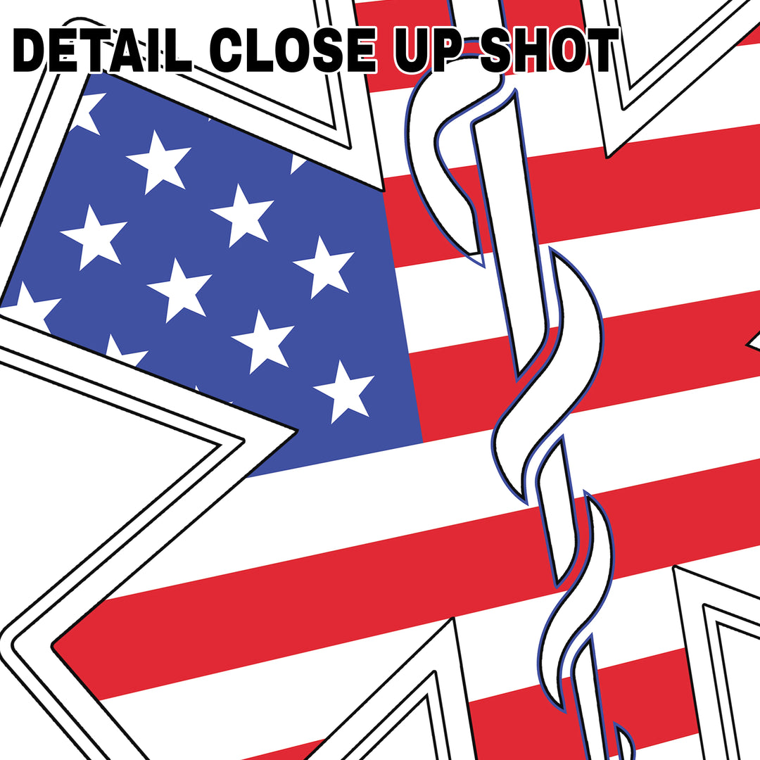 EMT Star of Life DTF transfer design featuring American flag pattern with red and white stripes, blue field with white stars, and white medical snake staff symbol