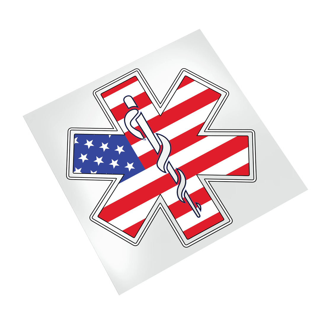 EMT Star of Life American flag DTF transfer displayed on white background showing detailed patriotic medical symbol design ready for heat press application