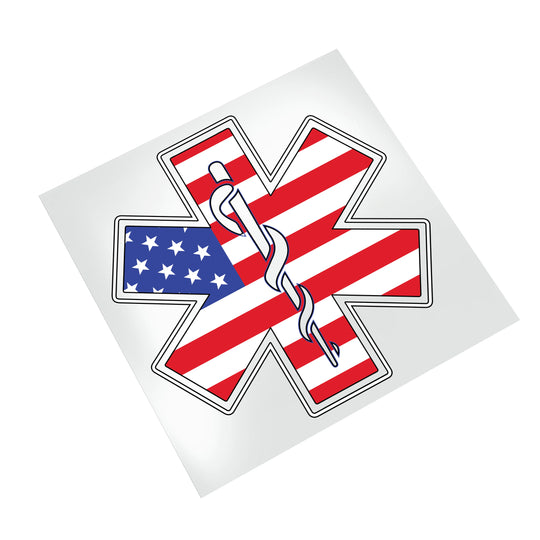 EMT Star of Life American flag DTF transfer displayed on white background showing detailed patriotic medical symbol design ready for heat press application