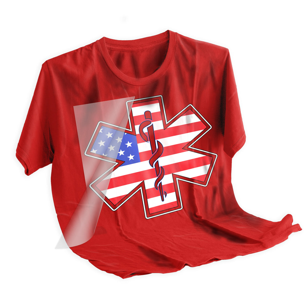 EMT Star of Life American flag DTF transfer applied to dark shirt showing vibrant patriotic medical symbol with proper placement and professional finish