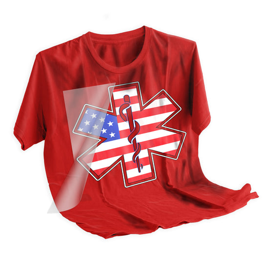 EMT Star of Life American flag DTF transfer applied to dark shirt showing vibrant patriotic medical symbol with proper placement and professional finish