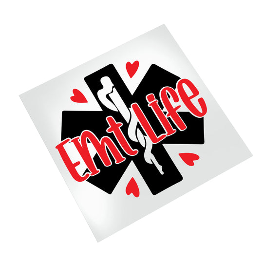 EMT Life DTF transfer showing dimensional black text with medical cross symbol and red hearts on white background mockup