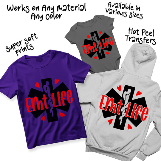 EMT Life DTF transfer design variations showing different color combinations of the medical cross and heart elements