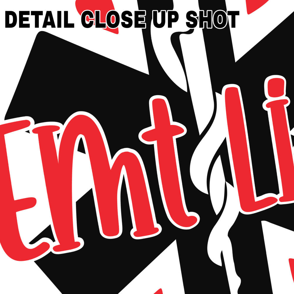 EMT Life DTF transfer design with bold black lettering, white medical cross silhouette, and red heart accents on gray background