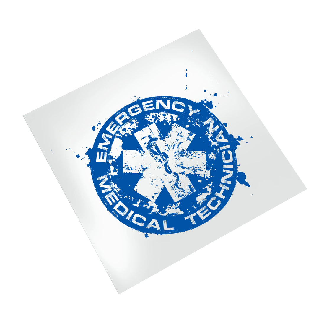 EMT badge DTF transfer on white background showing weathered blue circle with medical cross and emergency technician text