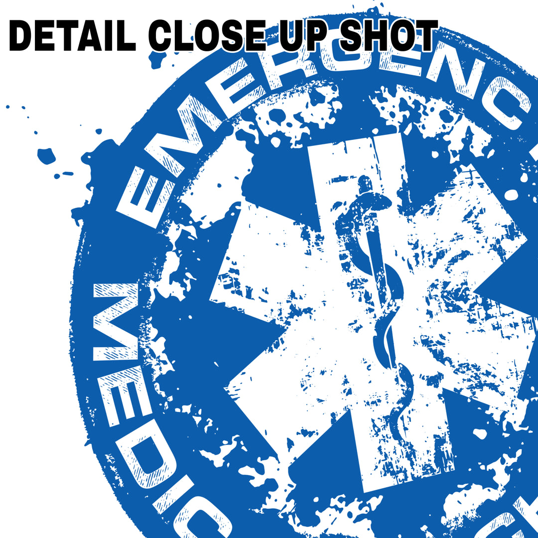 Emergency Medical Technician DTF transfer with distressed blue badge design featuring white medical cross and professional lettering