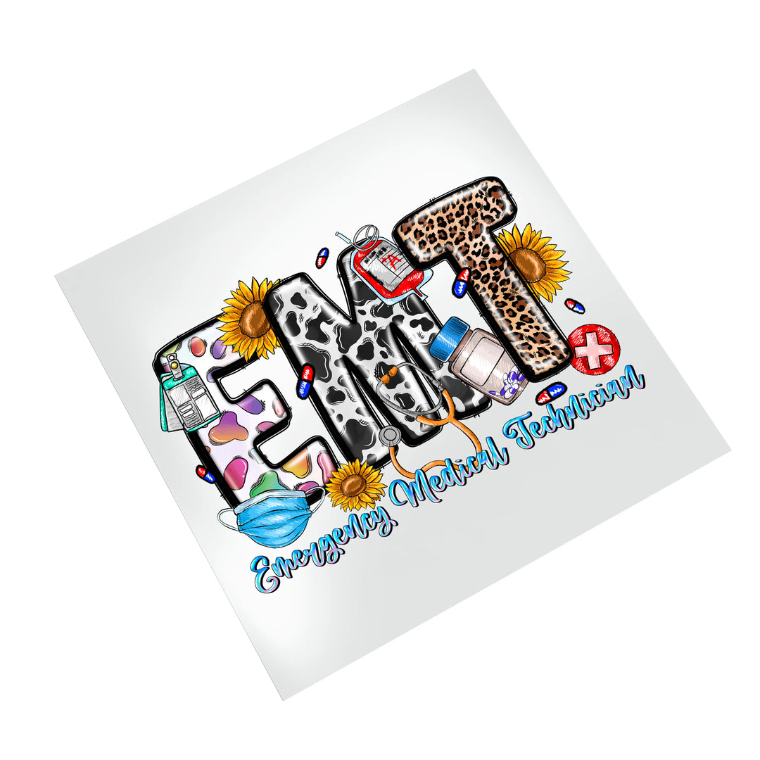 EMT Western Medical DTF Transfer design featuring patterned letters with medical equipment and sunflowers on white background mockup