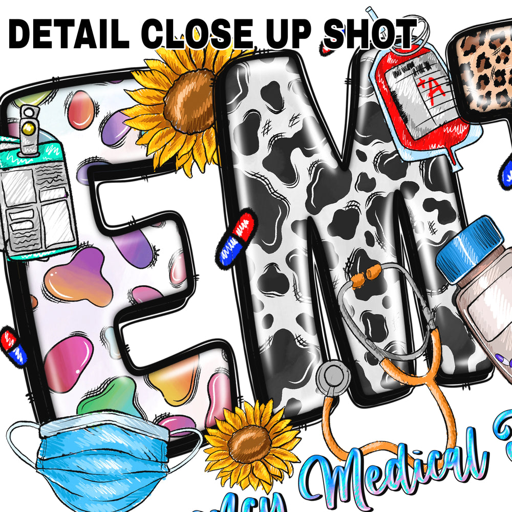 EMT Western Medical Patchwork DTF Transfer with leopard print cow print letters and sunflower decorations on clear background