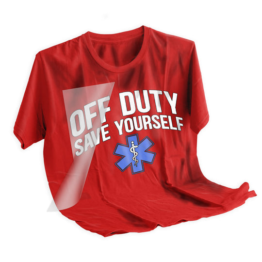 EMT Off Duty DTF transfer applied to dark shirt showing professional heat press application results with medical humor design