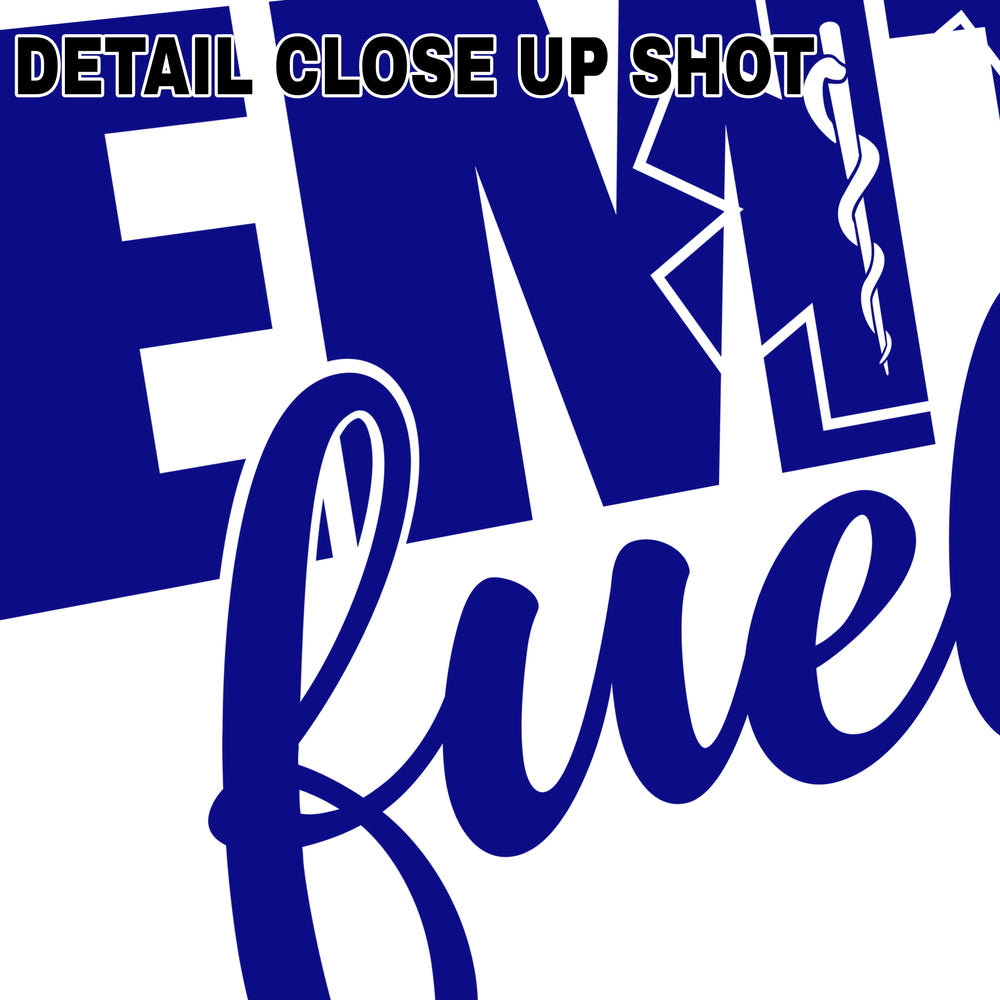 EMT Fuel DTF transfer design featuring bold blue block letters with medical cross symbol on transparent background