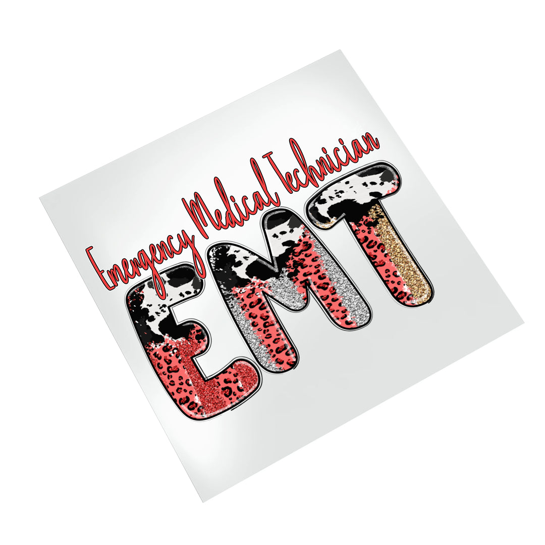 Emergency Medical Technician DTF transfer featuring EMT text in leopard and cow print patterns on white background mockup