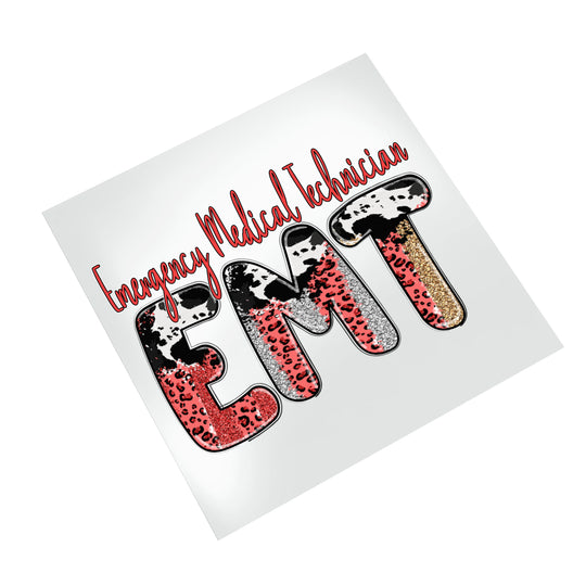 Emergency Medical Technician DTF transfer featuring EMT text in leopard and cow print patterns on white background mockup