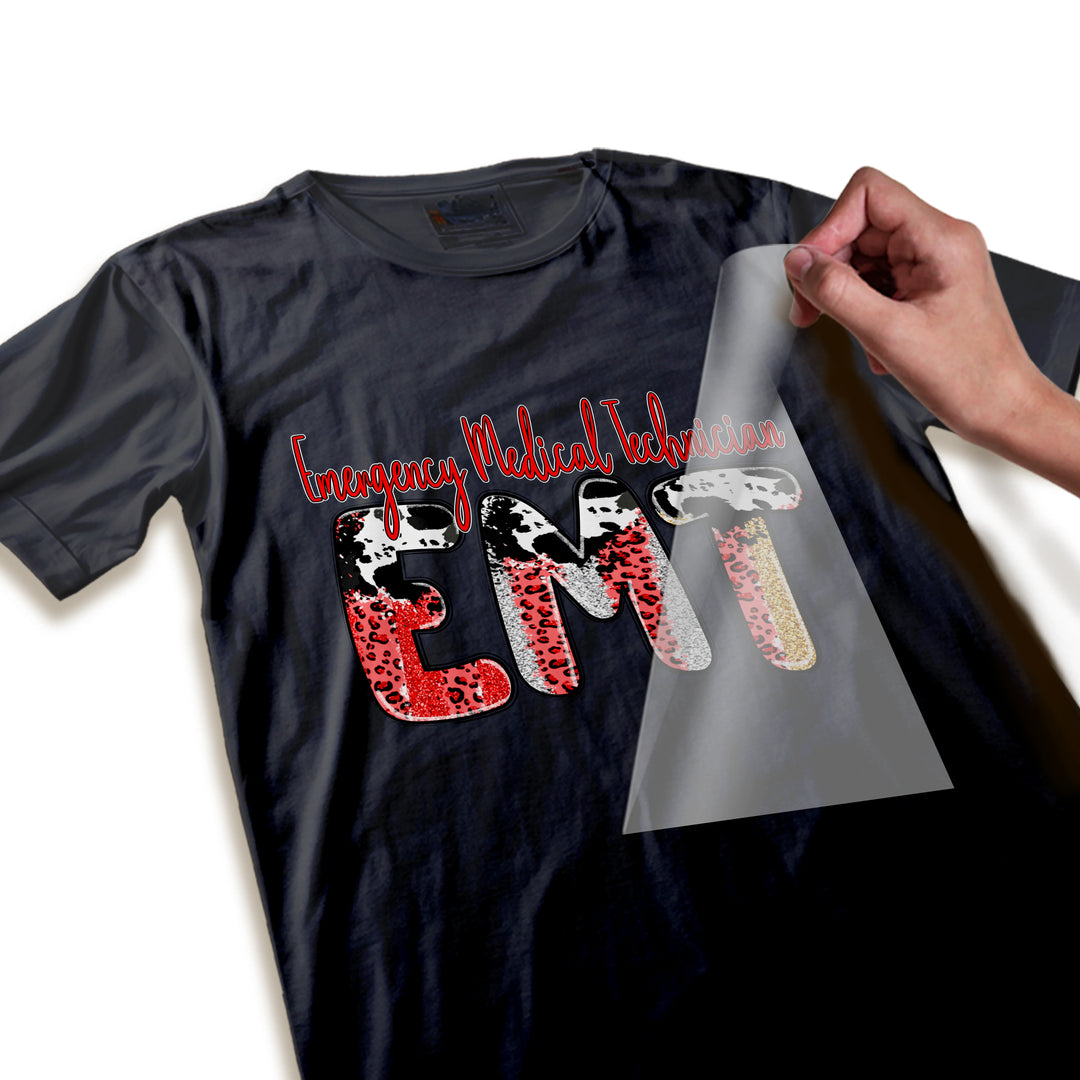 Close-up detail of EMT DTF transfer showing textured leopard print, glitter accents, and dimensional animal patterns