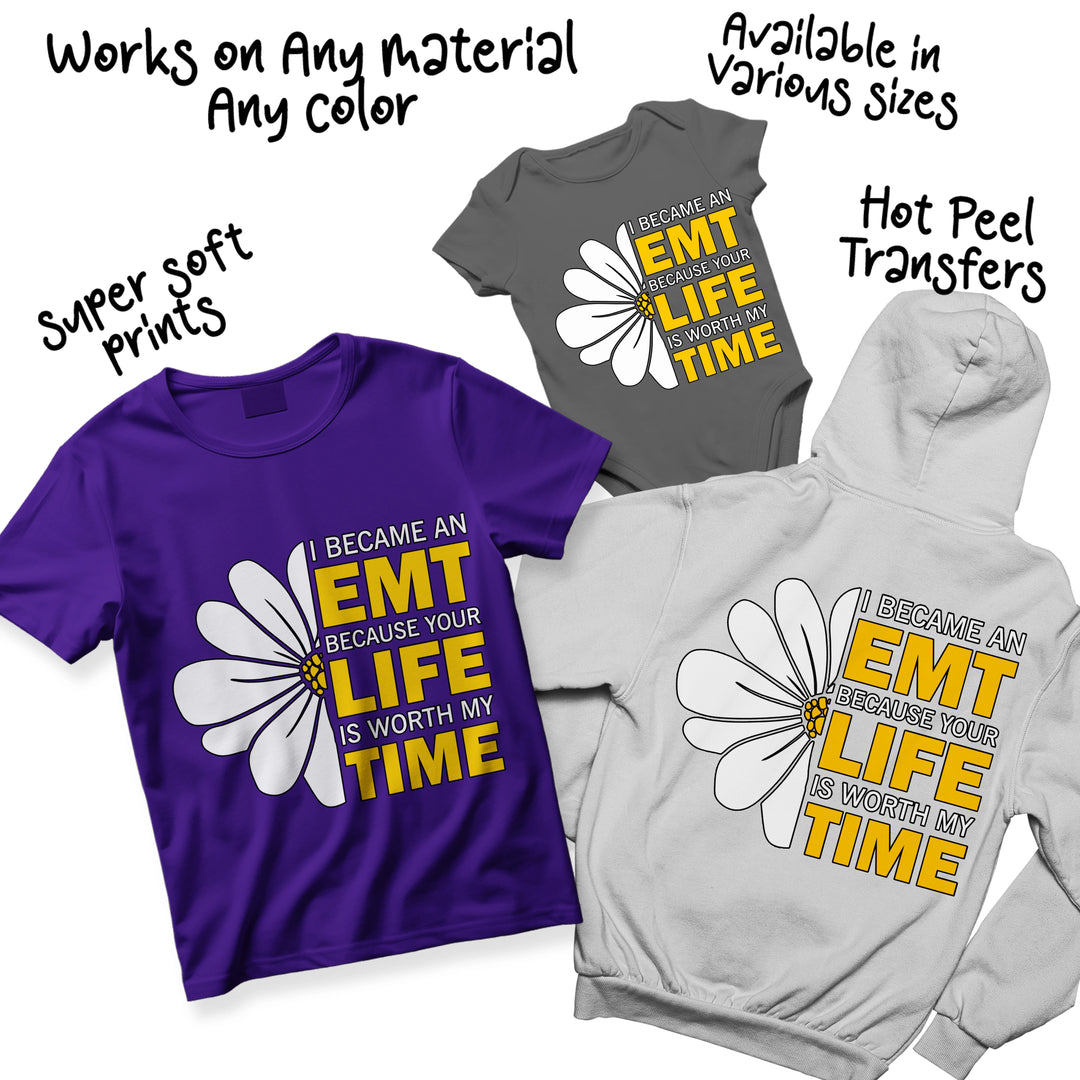 Multi-color EMT DTF transfer variations showing different color options for life worth my time daisy design