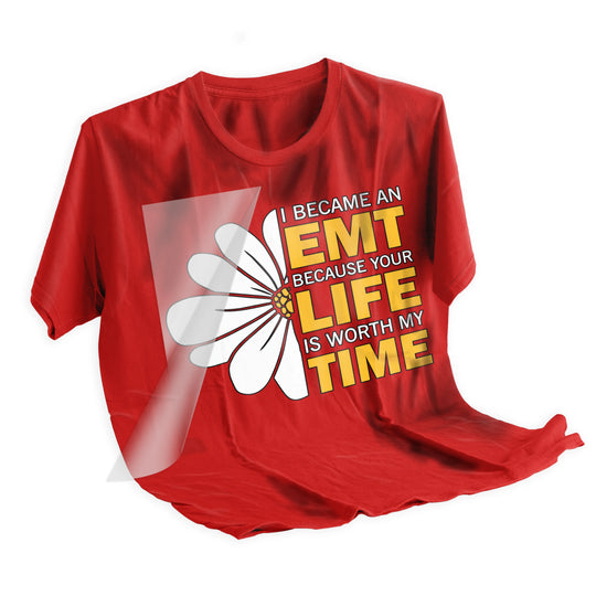 EMT DTF transfer applied to black t-shirt showing life worth my time message with daisy flower graphic