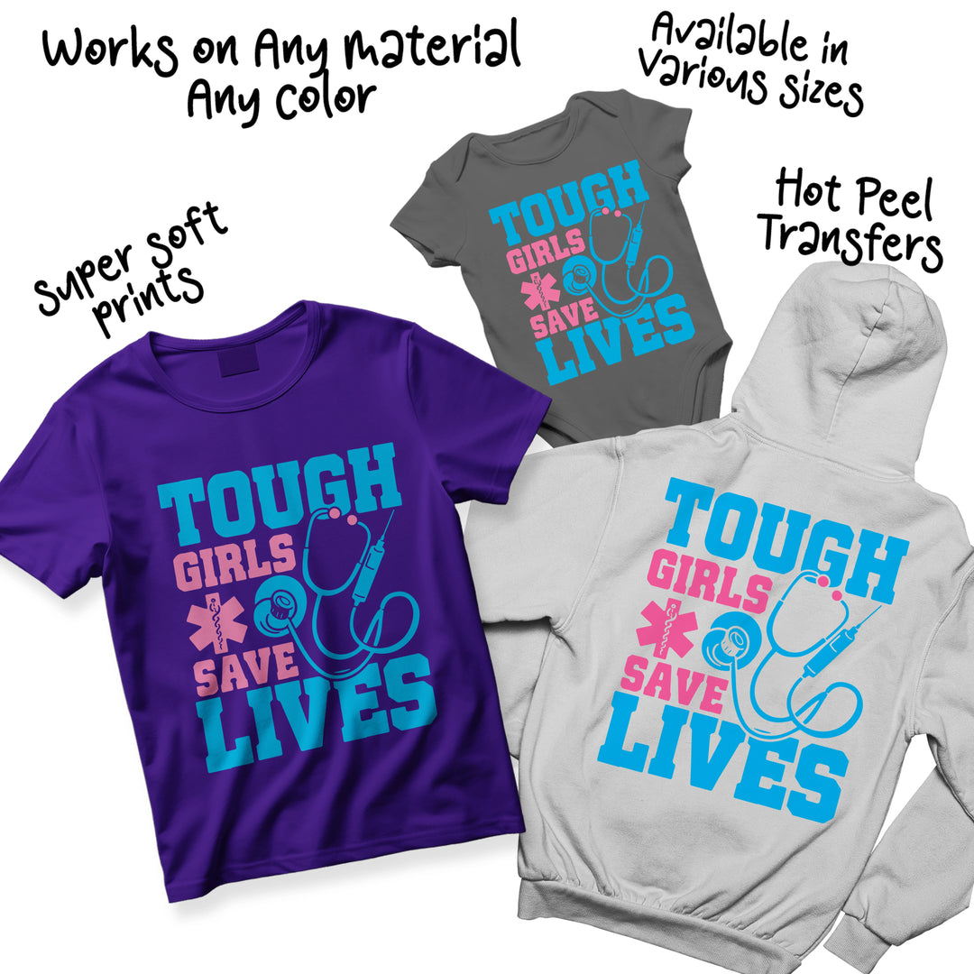 Healthcare worker DTF transfer design featuring bold dimensional lettering in blue and pink celebrating women in medicine