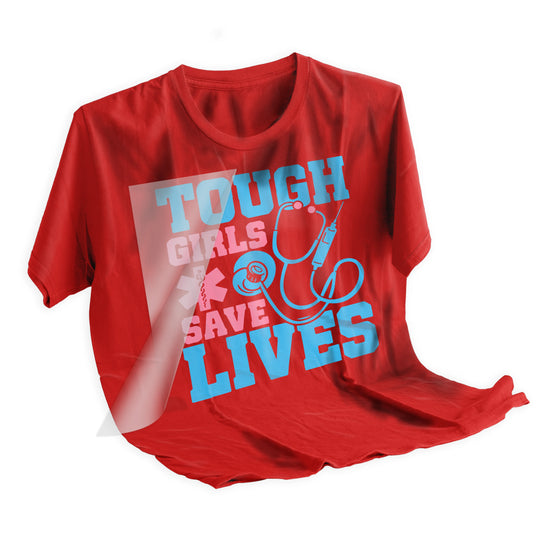 Applied DTF transfer on shirt showing Tough Girls Save Lives medical design after heat press application