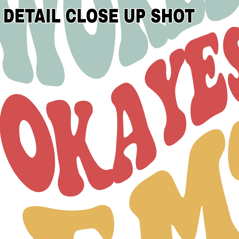 World's Okayest EMT DTF transfer design with groovy wavy text in mint green, red and golden yellow colors on transparent background