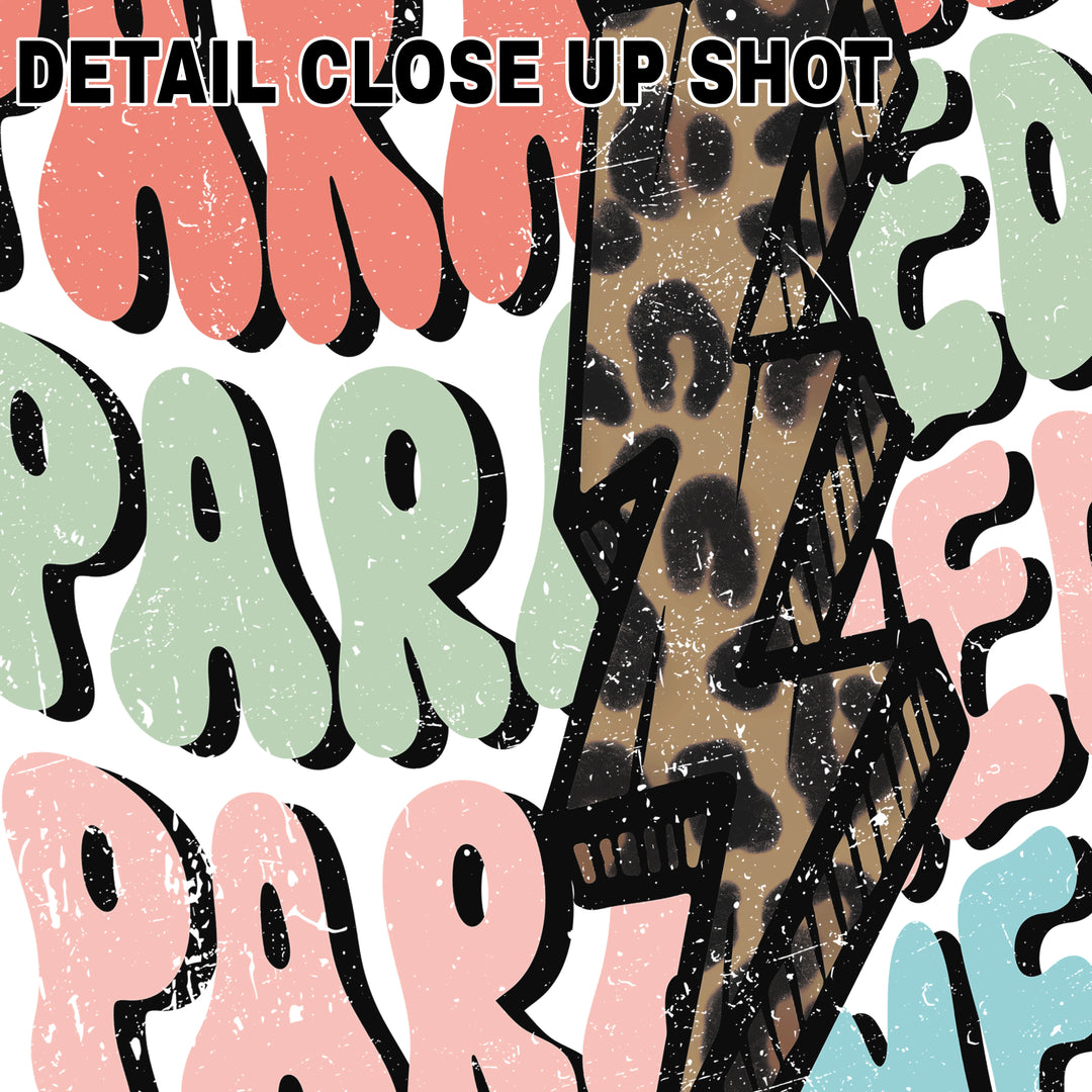 Groovy paramedic DTF transfer design featuring wavy bubble letter text in coral, mint green and blue colors arranged in curved patterns