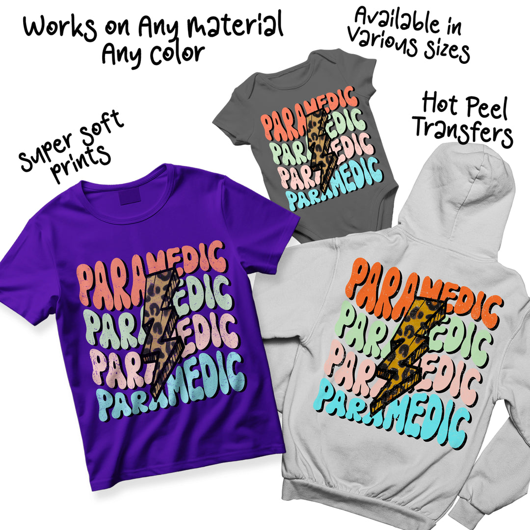Multi-color variations of paramedic groovy DTF transfer showing different color combinations of the wavy bubble letter design