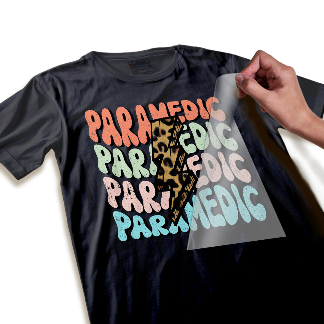 Close-up detail of paramedic groovy DTF transfer showing smooth curved edges and vibrant color saturation of bubble letters